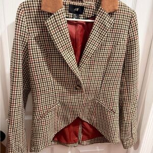 H&M Houndstooth Blazer with Suede Collar - Black, Tan & Red